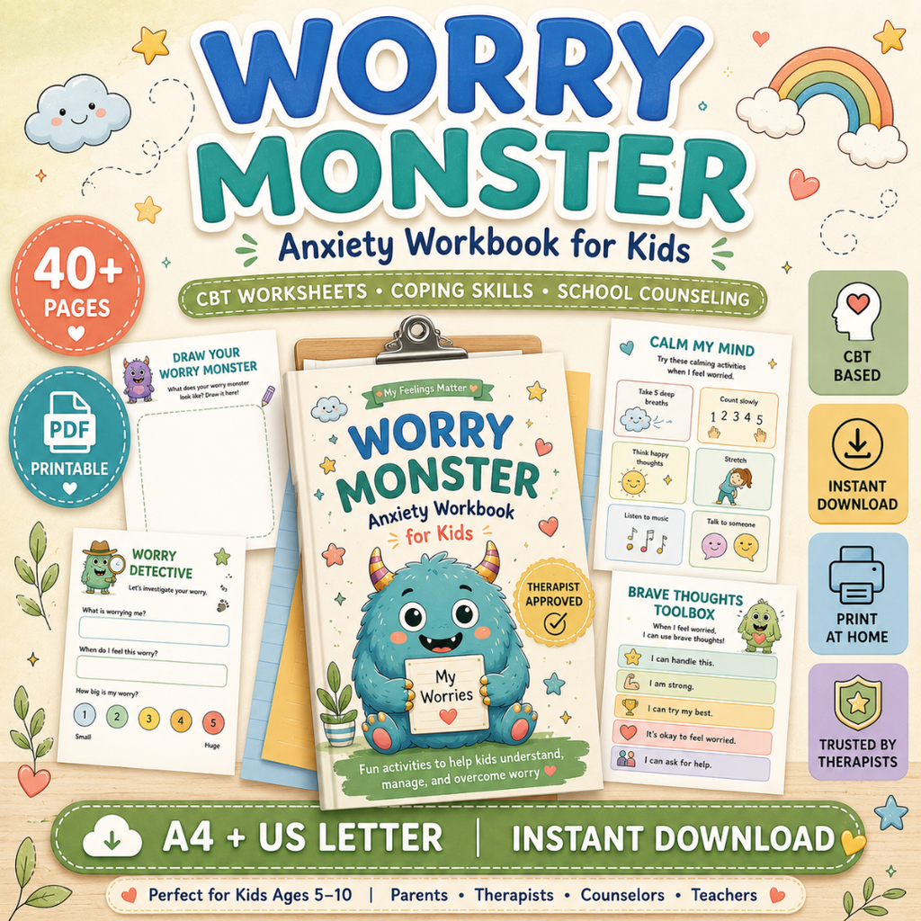 Worry Monster Anxiety Workbook, CBT Coping Skills For Kids