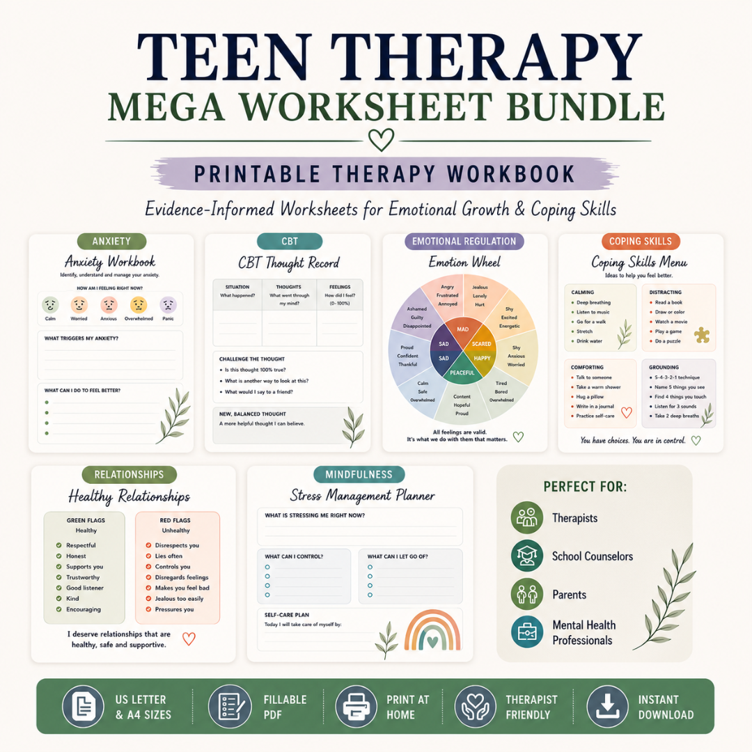 Teen Therapy Worksheet Bundle, Anxiety Workbook For Coping Skills