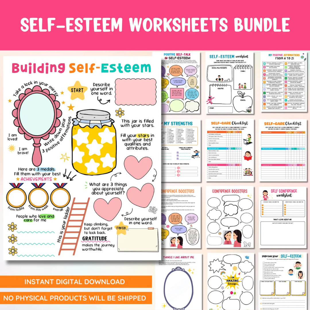 Self Esteem Worksheet Bundle, Mental Health Activities For Kids