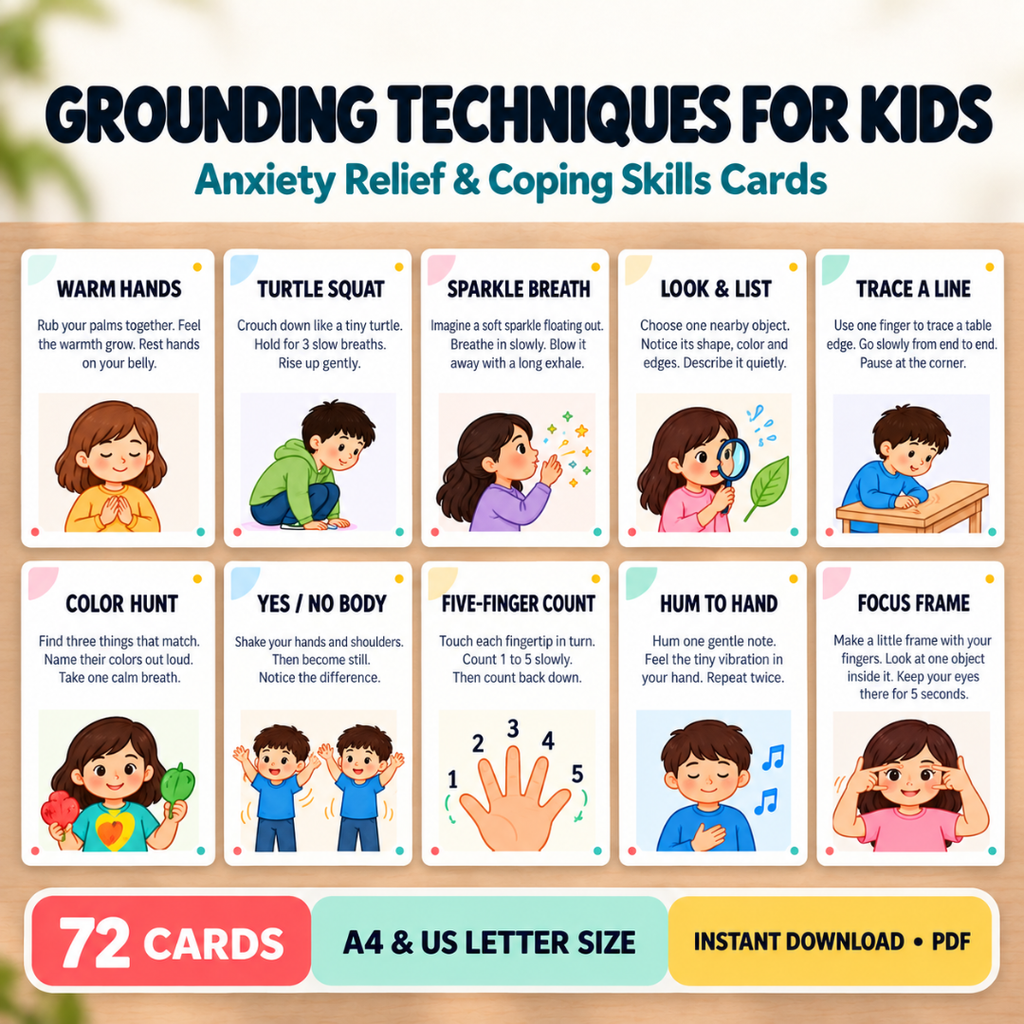 Grounding Techniques for Kids, Anxiety Relief and Coping Skills Cards