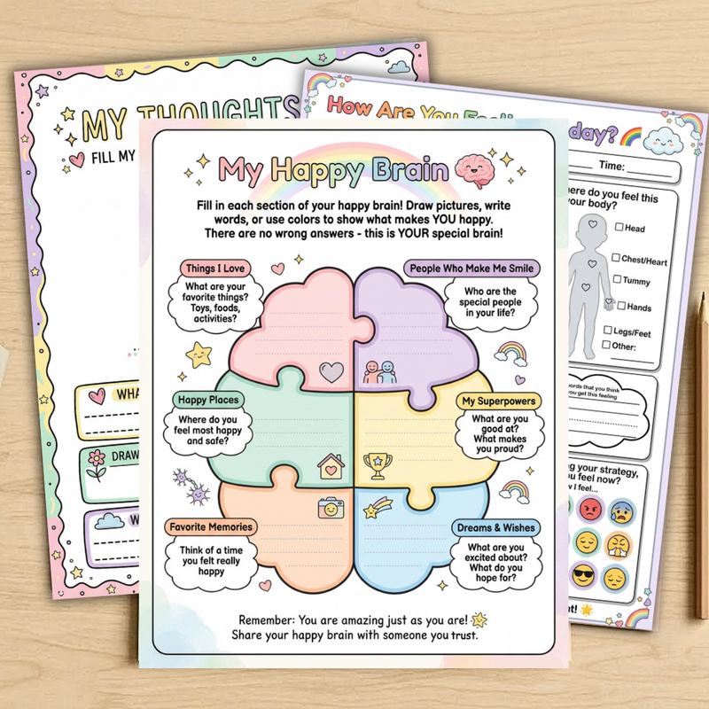 Happy Brain Worksheet Bundle for Kids, Instant Download