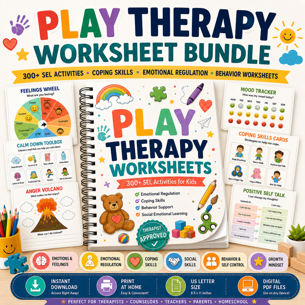 Play Therapy Worksheets Bundle, SEL Activities And Coping Skills
