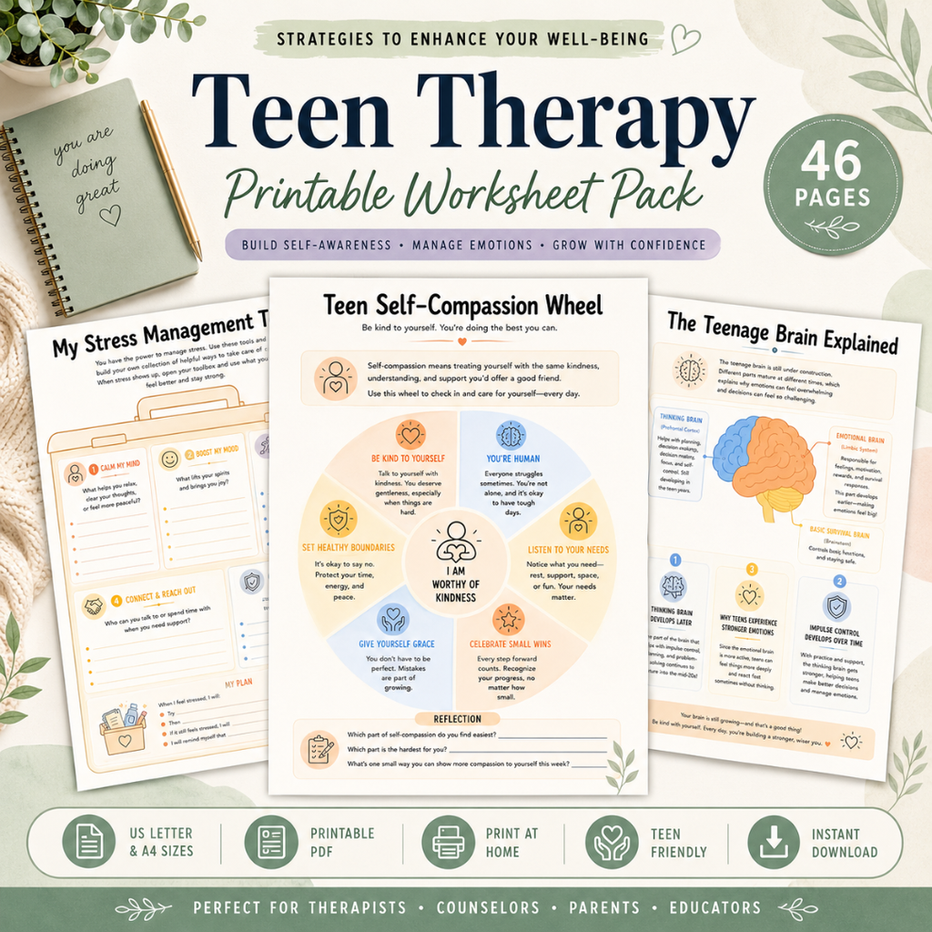 Teen Therapy Worksheet Bundle, Anxiety Workbook For Coping Skills