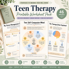 Teen Therapy Worksheet Bundle, Anxiety Workbook For Coping Skills