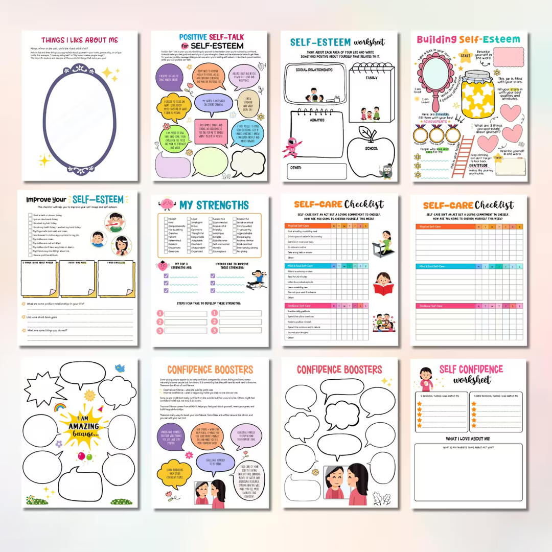 Self Esteem Worksheet Bundle, Mental Health Activities For Kids