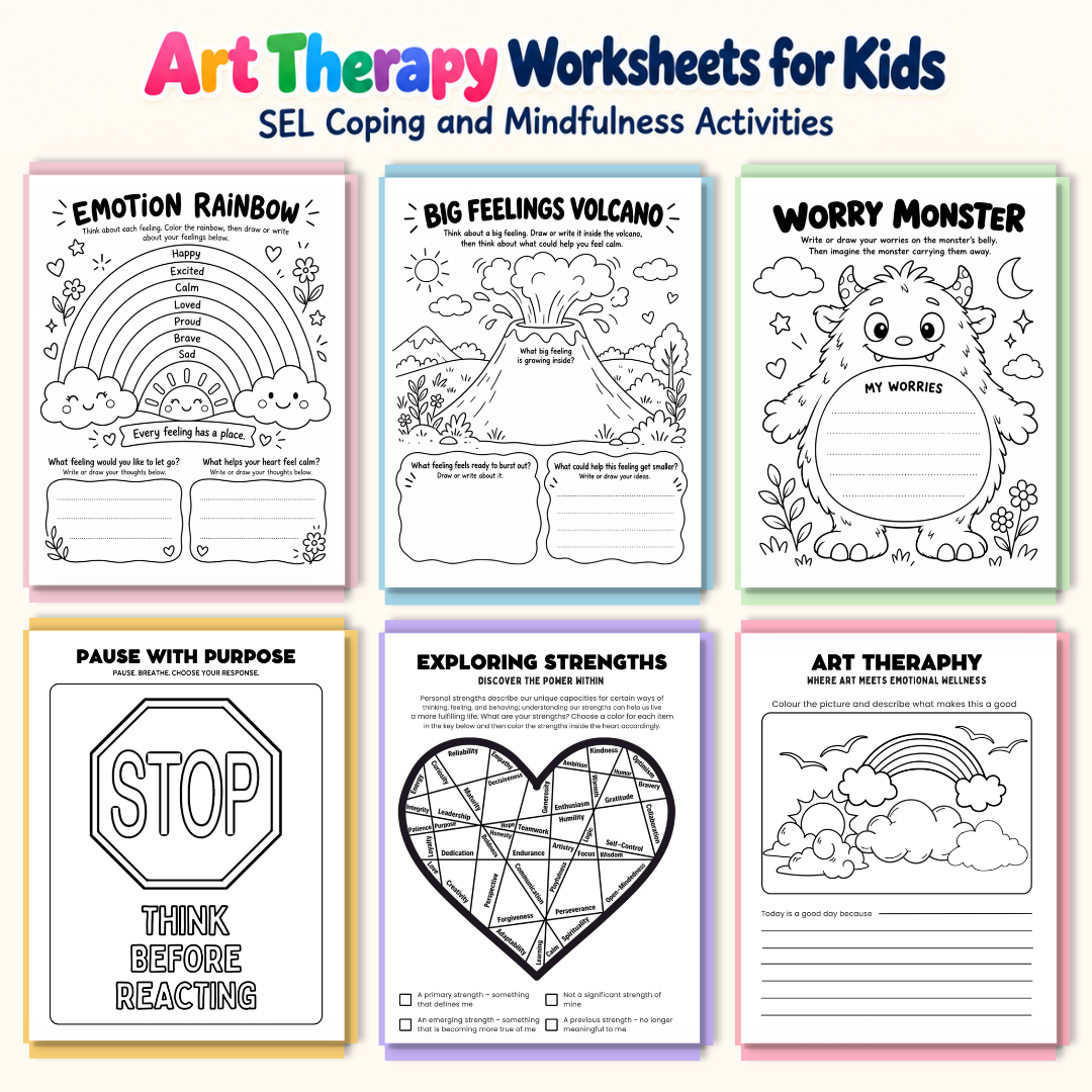 Art Therapy Worksheets for Kids, SEL Coping and Mindfulness Activities
