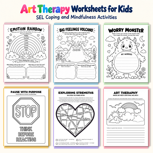 Art Therapy Worksheets for Kids, SEL Coping and Mindfulness Activities