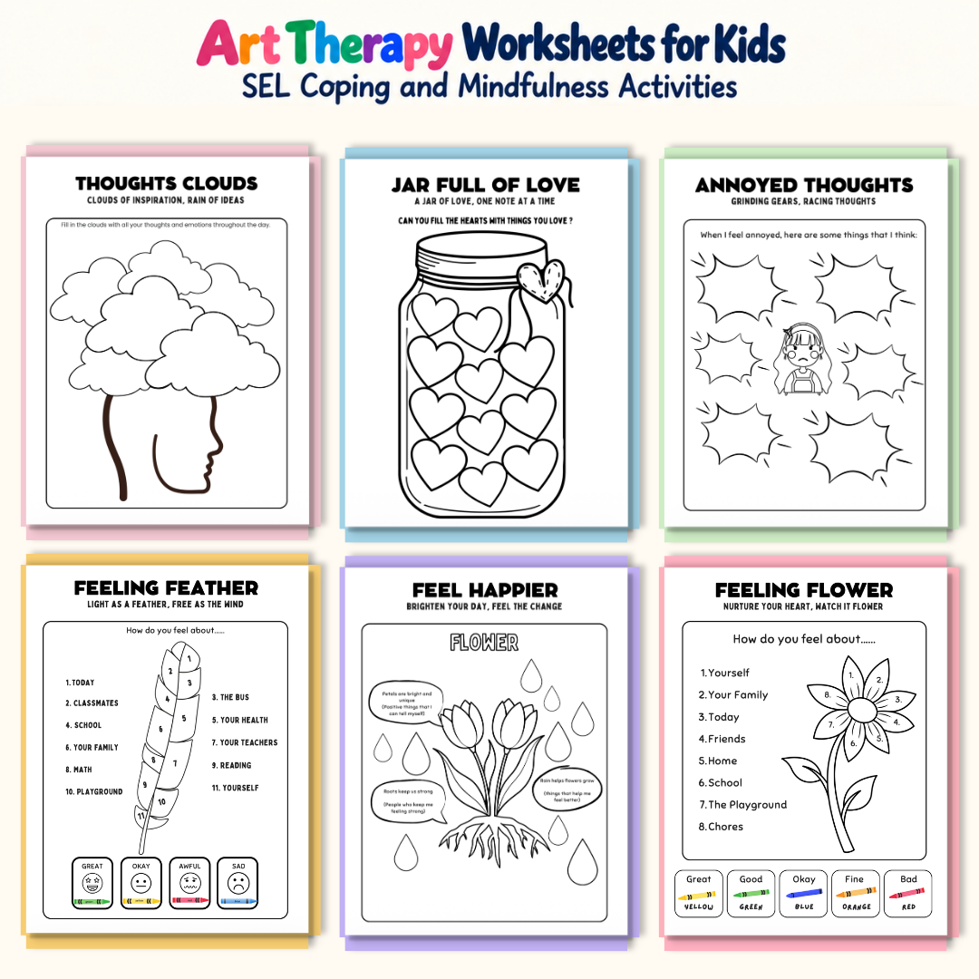 Art Therapy Worksheets for Kids, SEL Coping and Mindfulness Activities