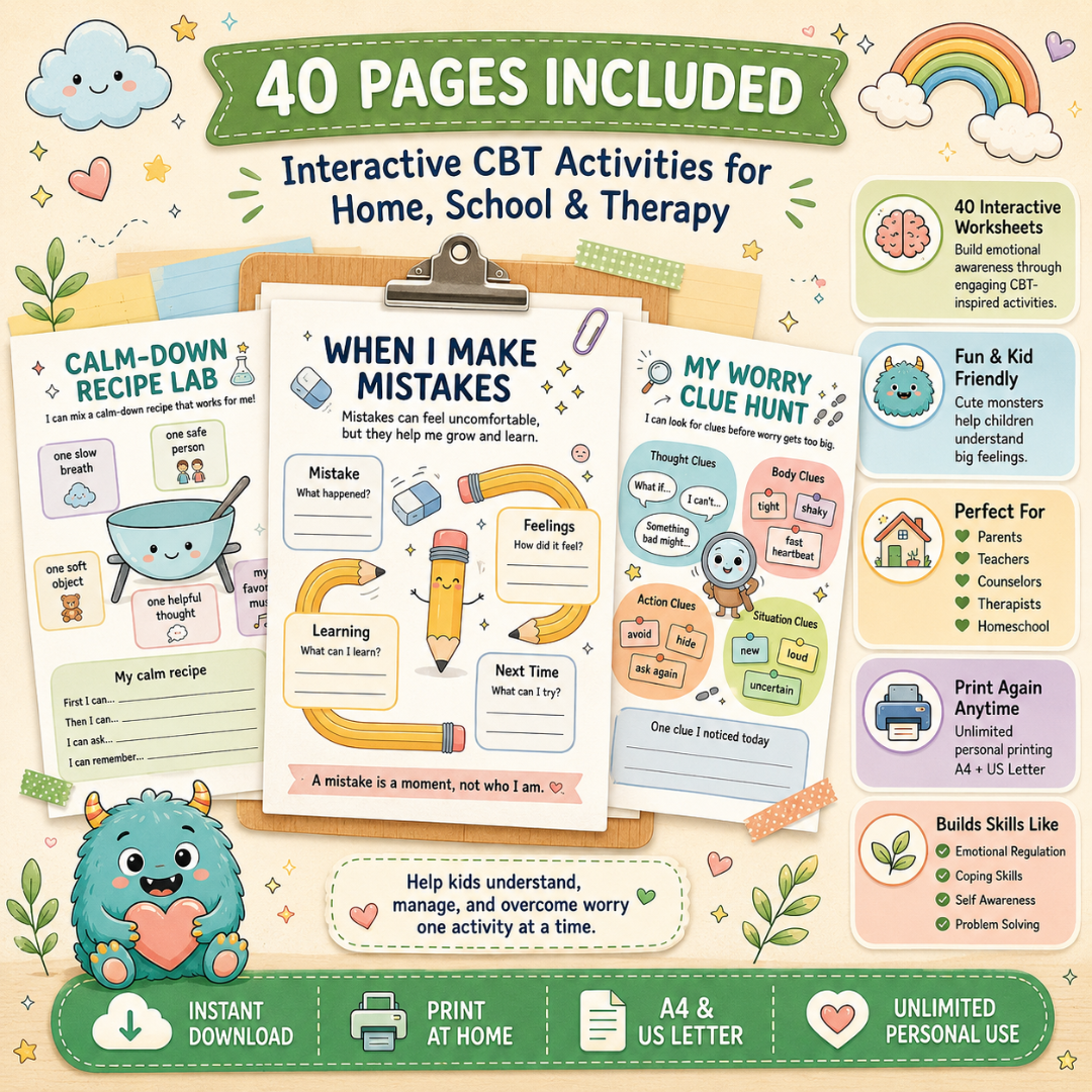 Worry Monster Anxiety Workbook, CBT Coping Skills For Kids
