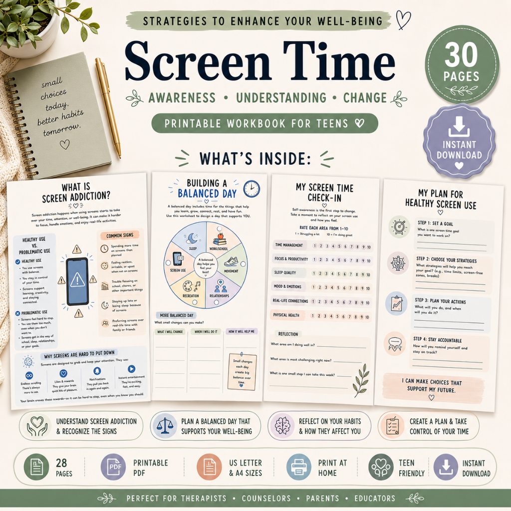 Teen Therapy Worksheet Bundle, Anxiety Workbook For Coping Skills