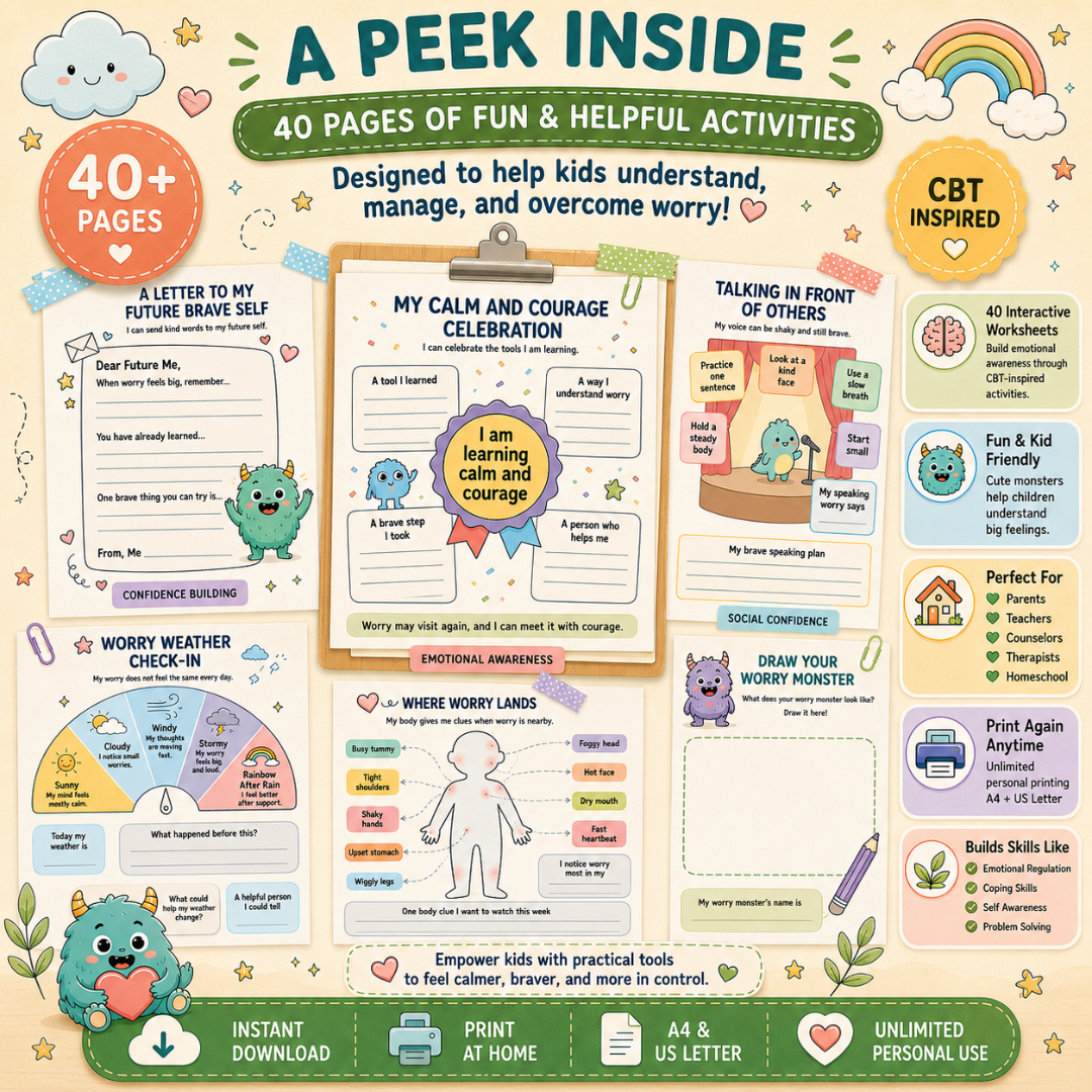 Worry Monster Anxiety Workbook, CBT Coping Skills For Kids