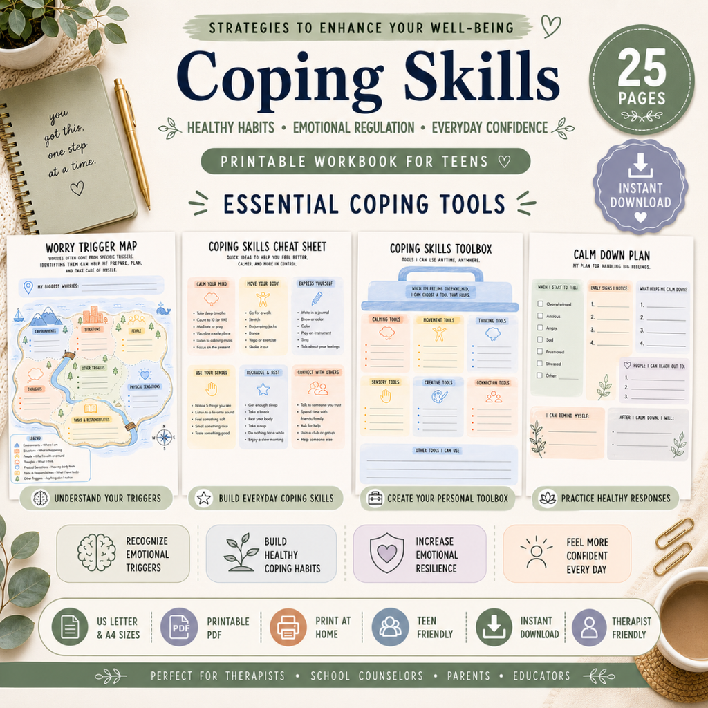 Teen Therapy Worksheet Bundle, Anxiety Workbook For Coping Skills