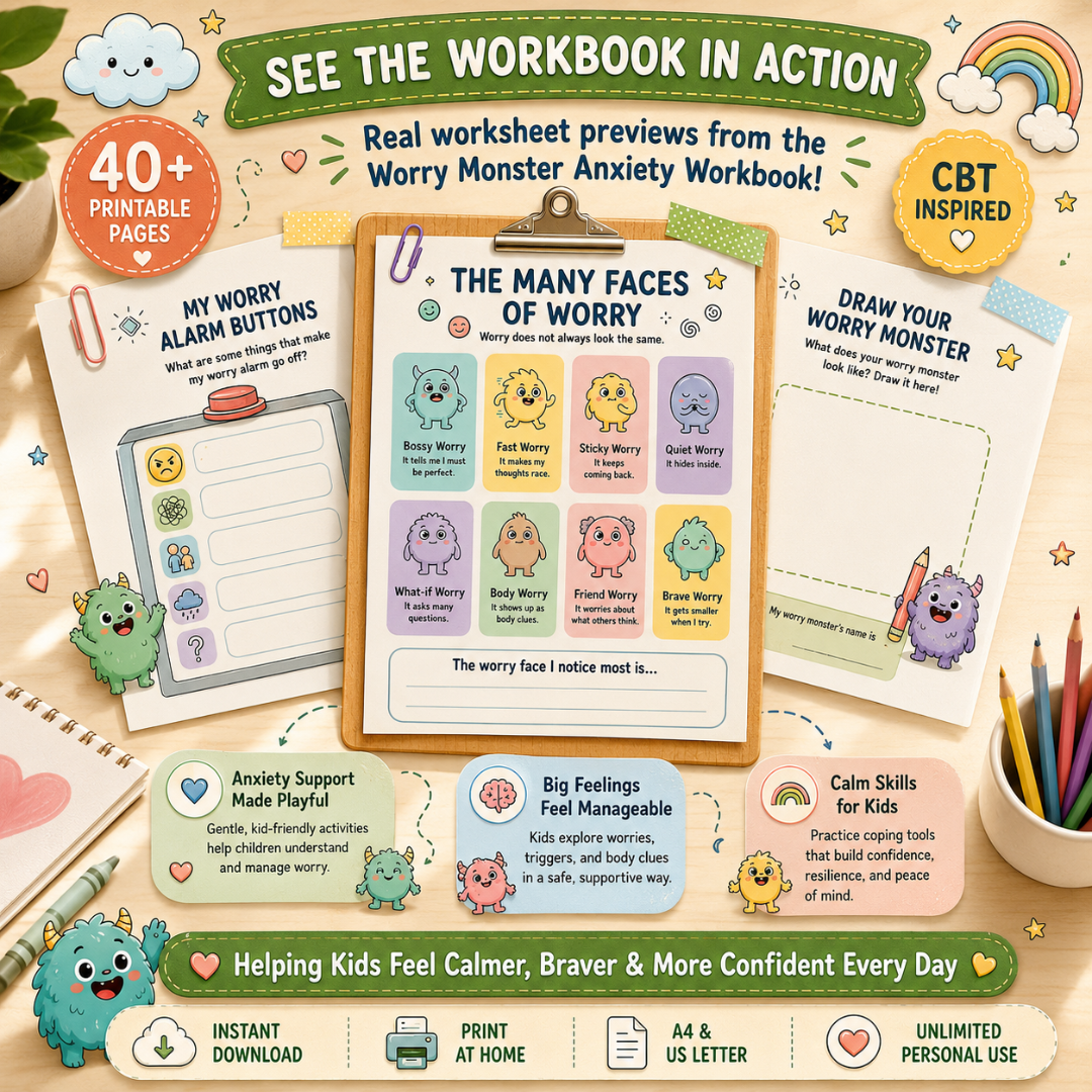 Worry Monster Anxiety Workbook, CBT Coping Skills For Kids