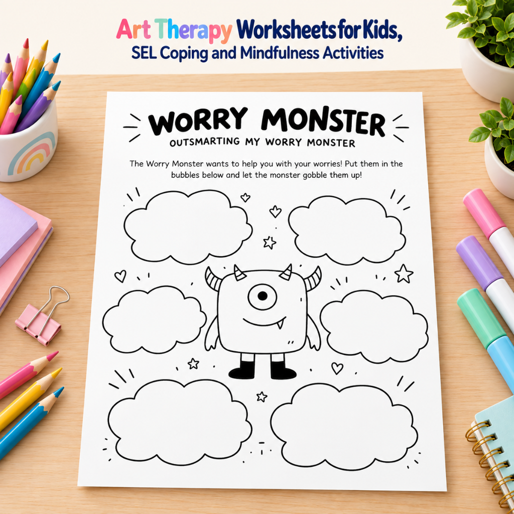 Art Therapy Worksheets for Kids, SEL Coping and Mindfulness Activities
