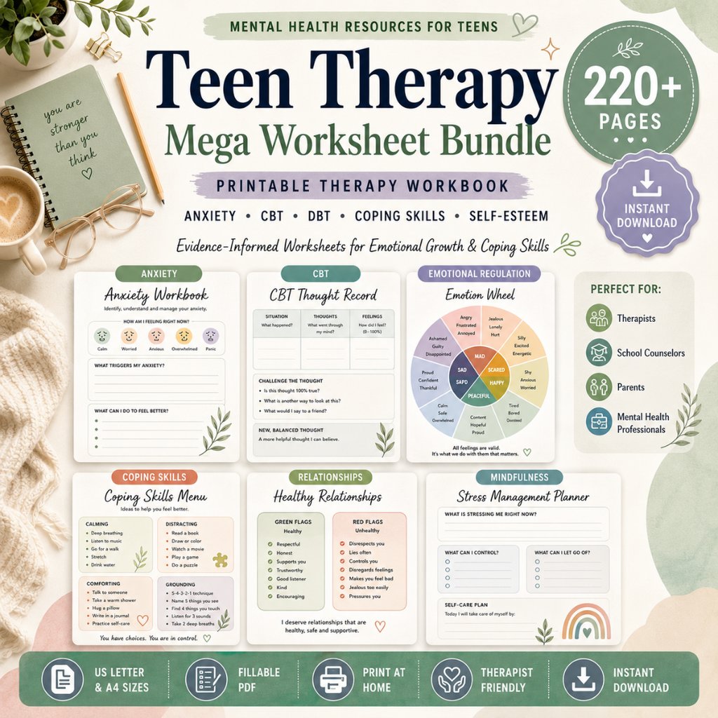 Teen Therapy Worksheet Bundle, Anxiety Workbook For Coping Skills