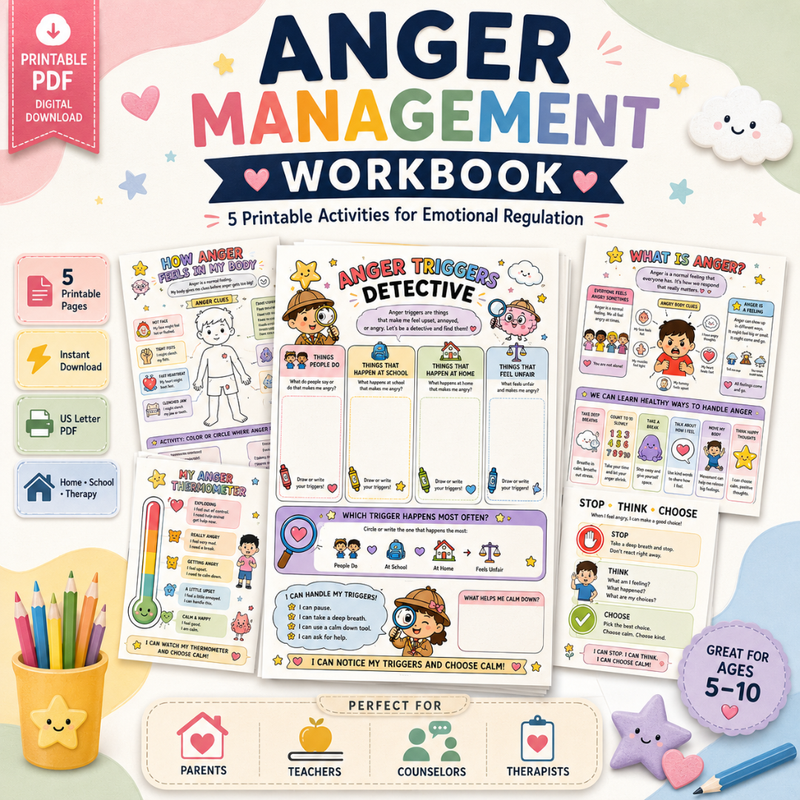 Anger Management Therapy Worksheets Kids, Impulse Control, Instant Download